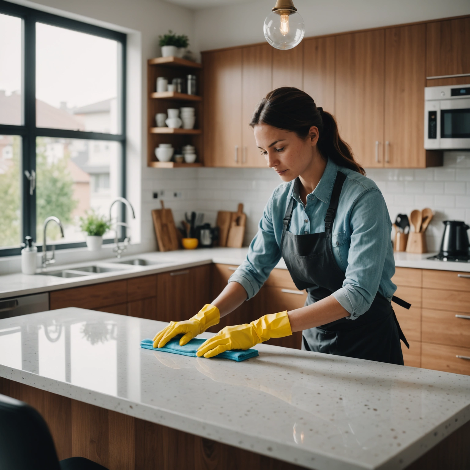 home-2 Professional house cleaner wiping a kitchen countertop in a modern home